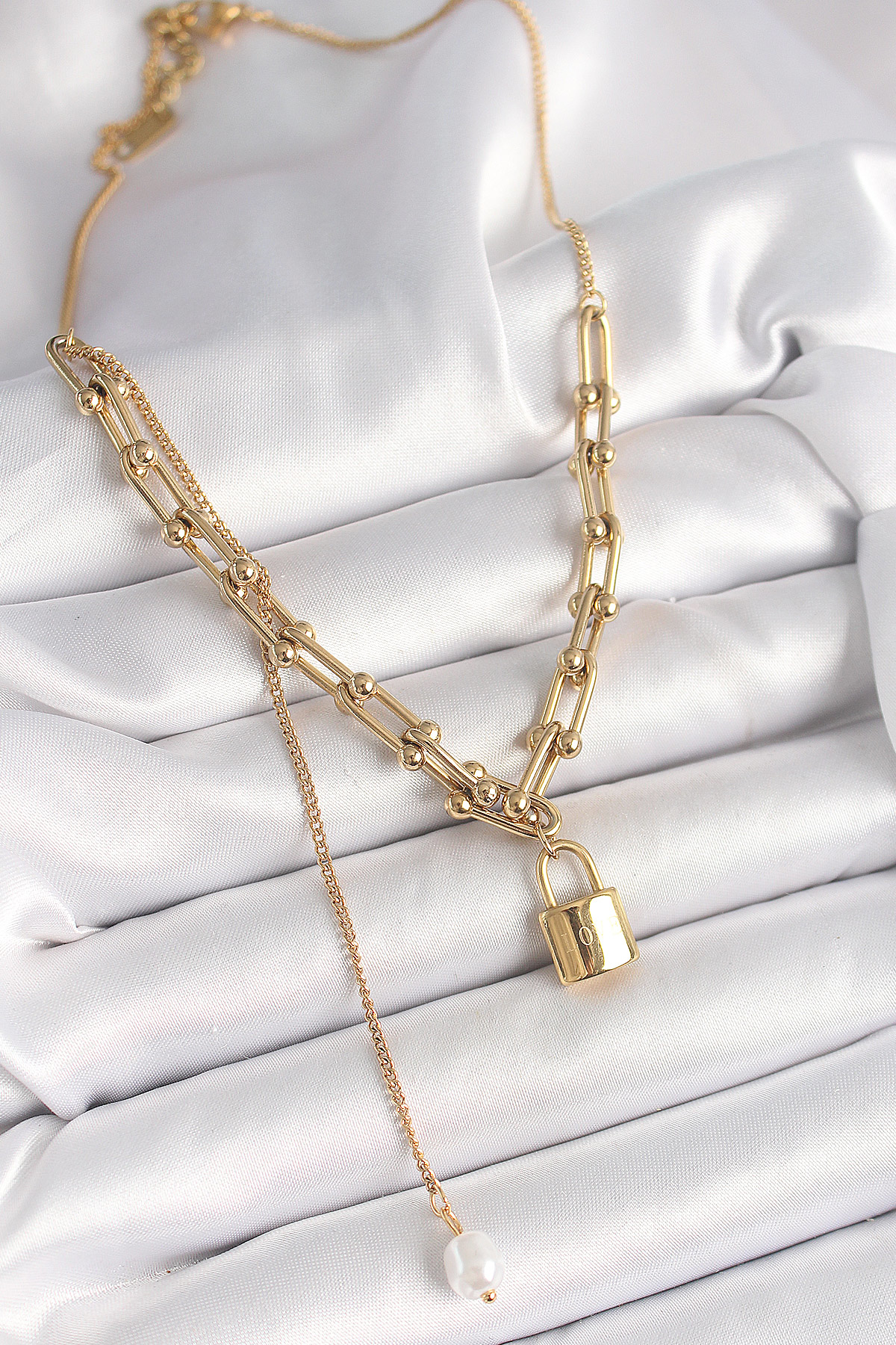 Stillove 316L Çelik Gold Renk Zincir Model Kilit Figür Sallantı İnci Detay