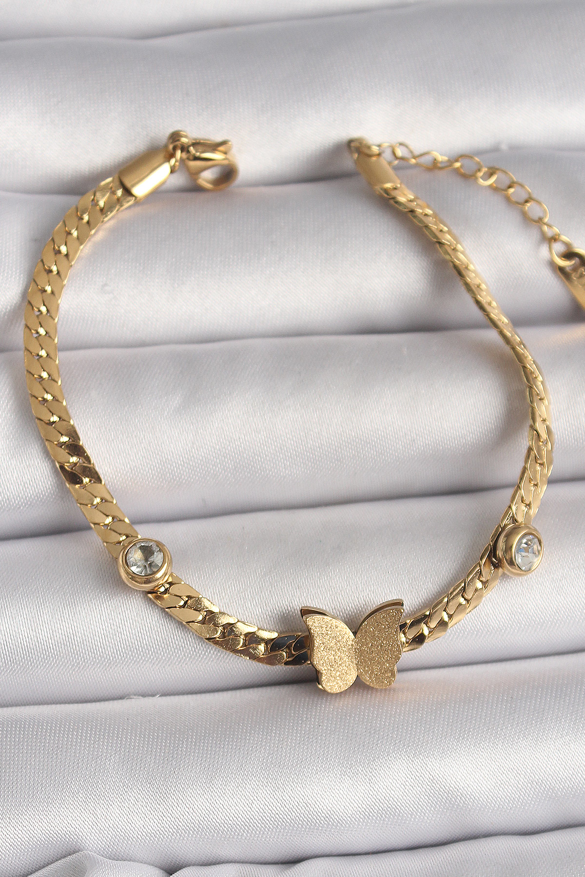 316L Çelik Gold Renk Yassı Zincir Zirkon Taşlı Simli Kelebek Figü