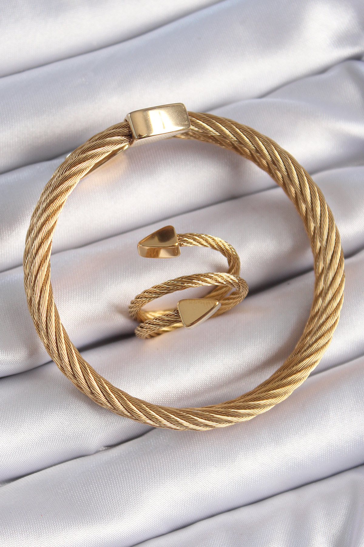 316L Çelik Gold Renk Sarmal Model Erkek Bileklik Yüzük Kombini -