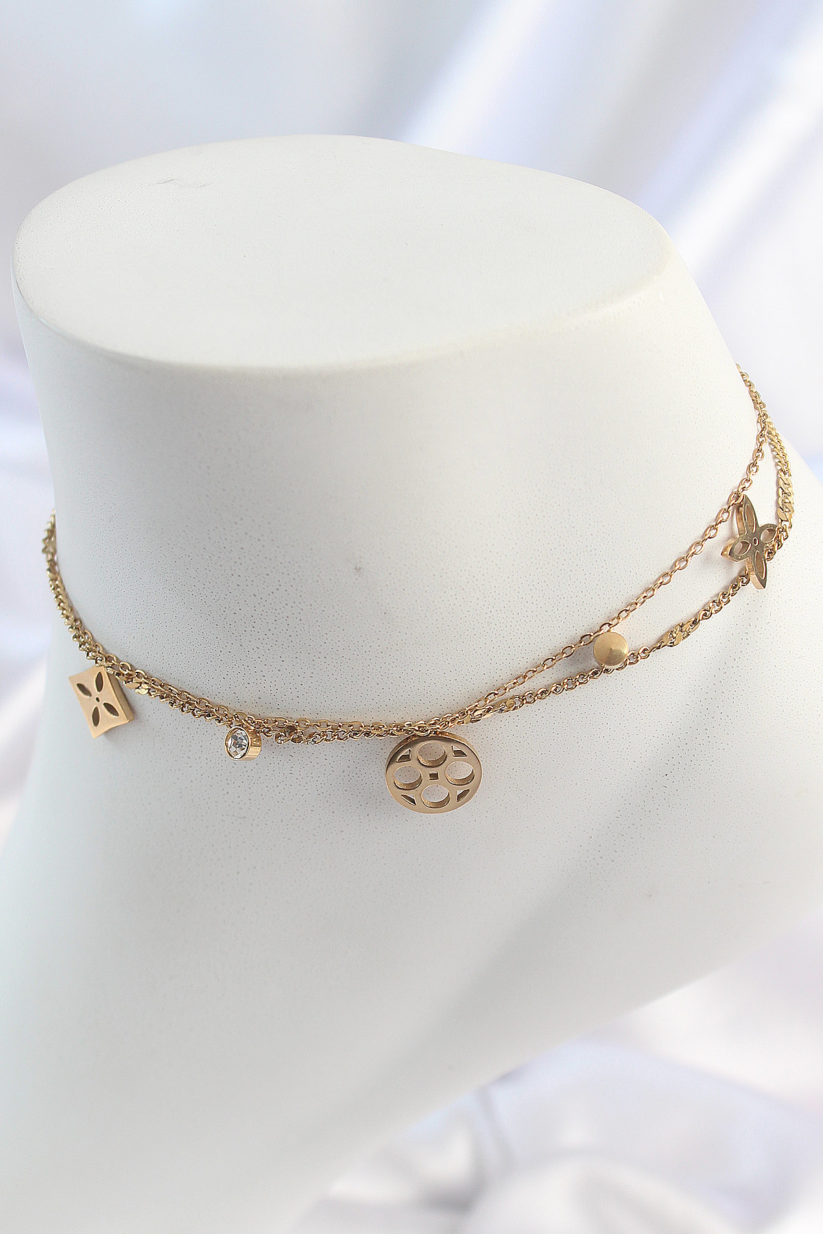 316L Çelik Gold Renk 2'Li Zincir Rüya Kapnı Figür Zirkon Taş Deta