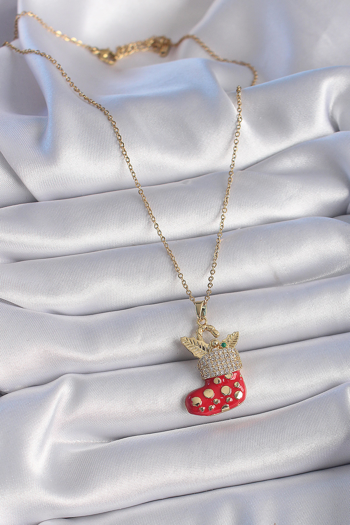 316L Çelik Gold Renk Zincir Zirkon Taşlı Yılbaşı Temalı Kırmızı N