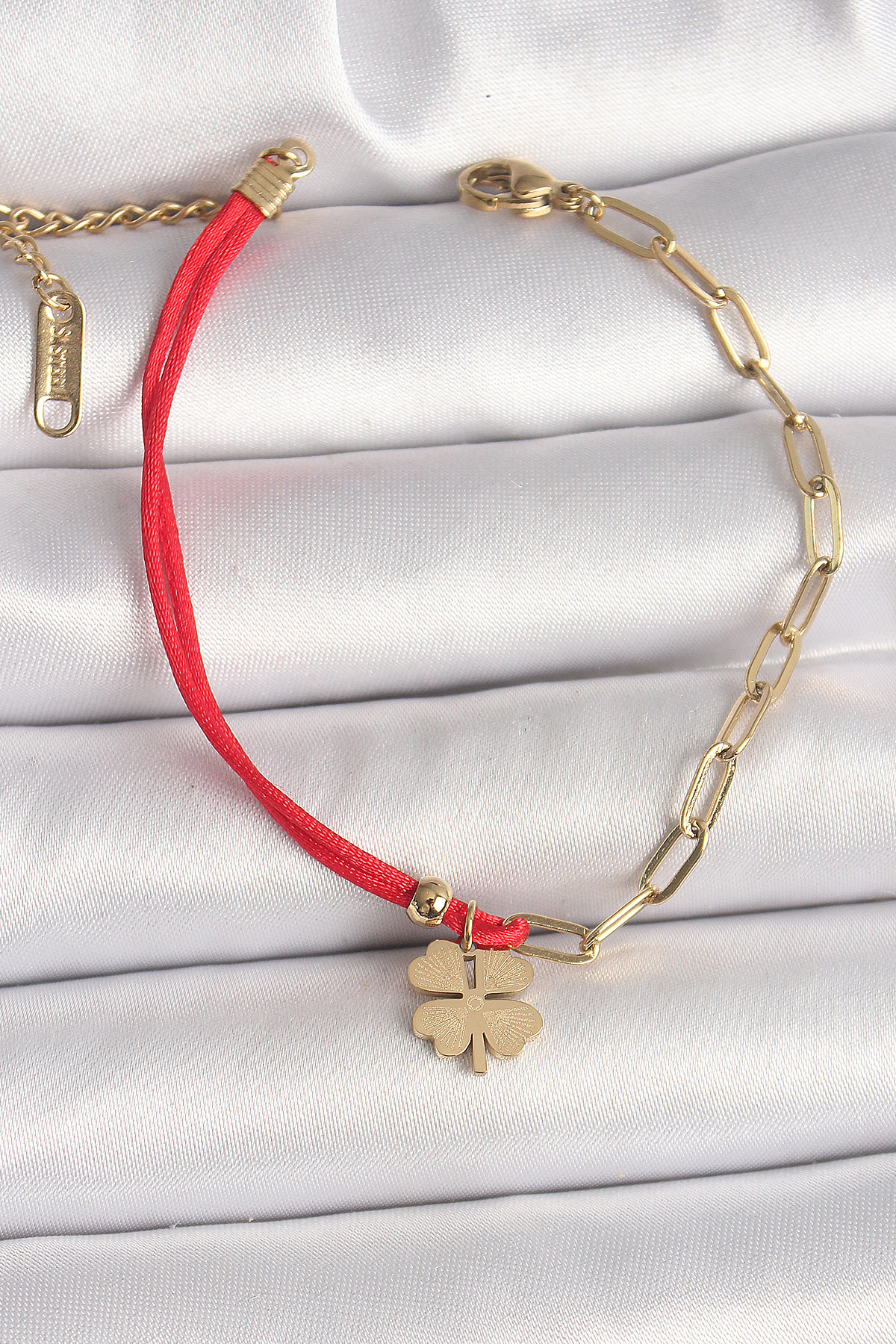 316L Çelik Gold Renk Zincir Kırmızı İp Model Sallantı Yonca Figür