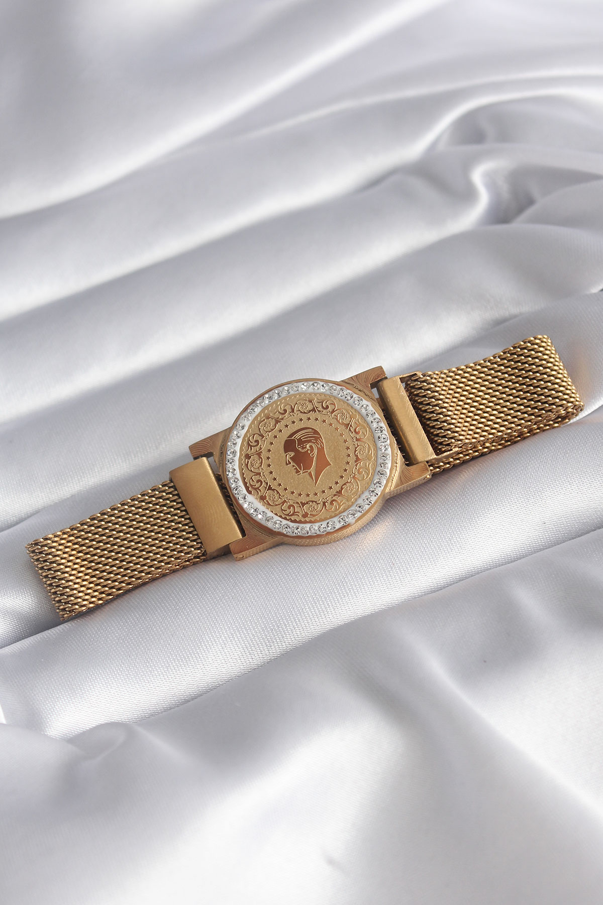 Stillove 316L Çelik Gold Renk Mıknatıslı Hasır Zirkon Taşlı Çeyrek Altın M