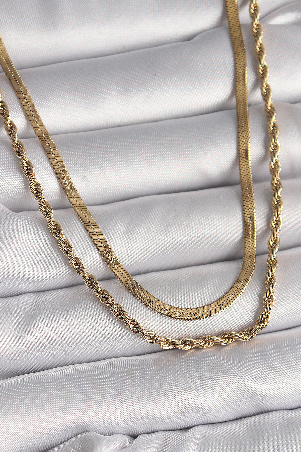 316L Çelik Gold Renk Çift Zincir İtalyan&Burgu Zincir Model Kadın