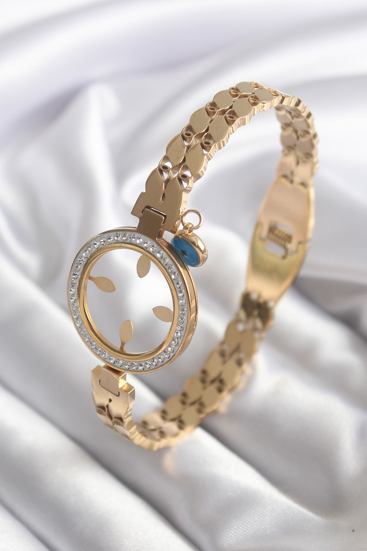 316L Çelik Gold Renk Arpa Model Zirkon Taş Detay Çeyrek Altın Tak