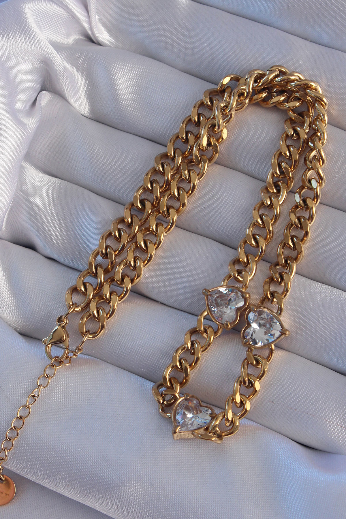 316L Çelik Gold Renk Zirkon Taşlı Kalp Model Zincir Kolye - TJ-BK