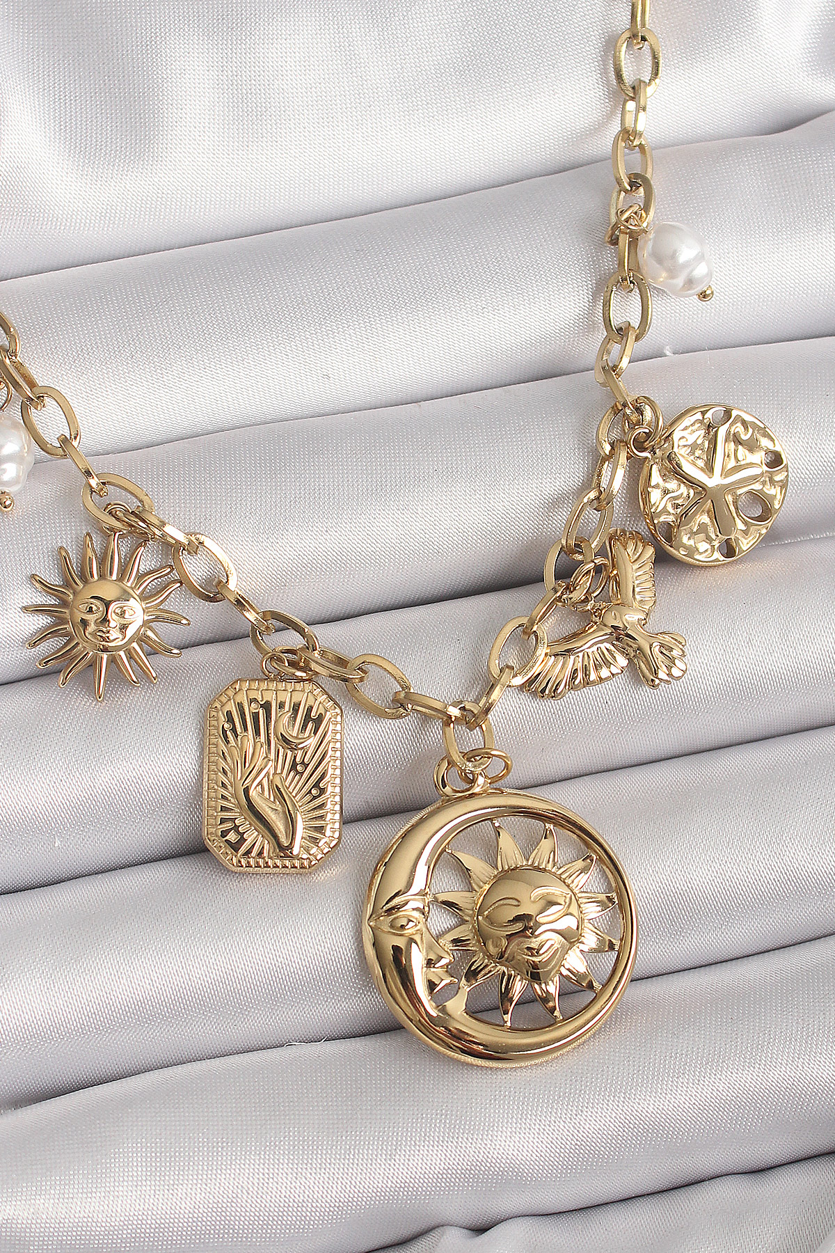 316L Çelik Gold Renk Halka Zincir Sallantı Ay Güneş Figür Kuş Det
