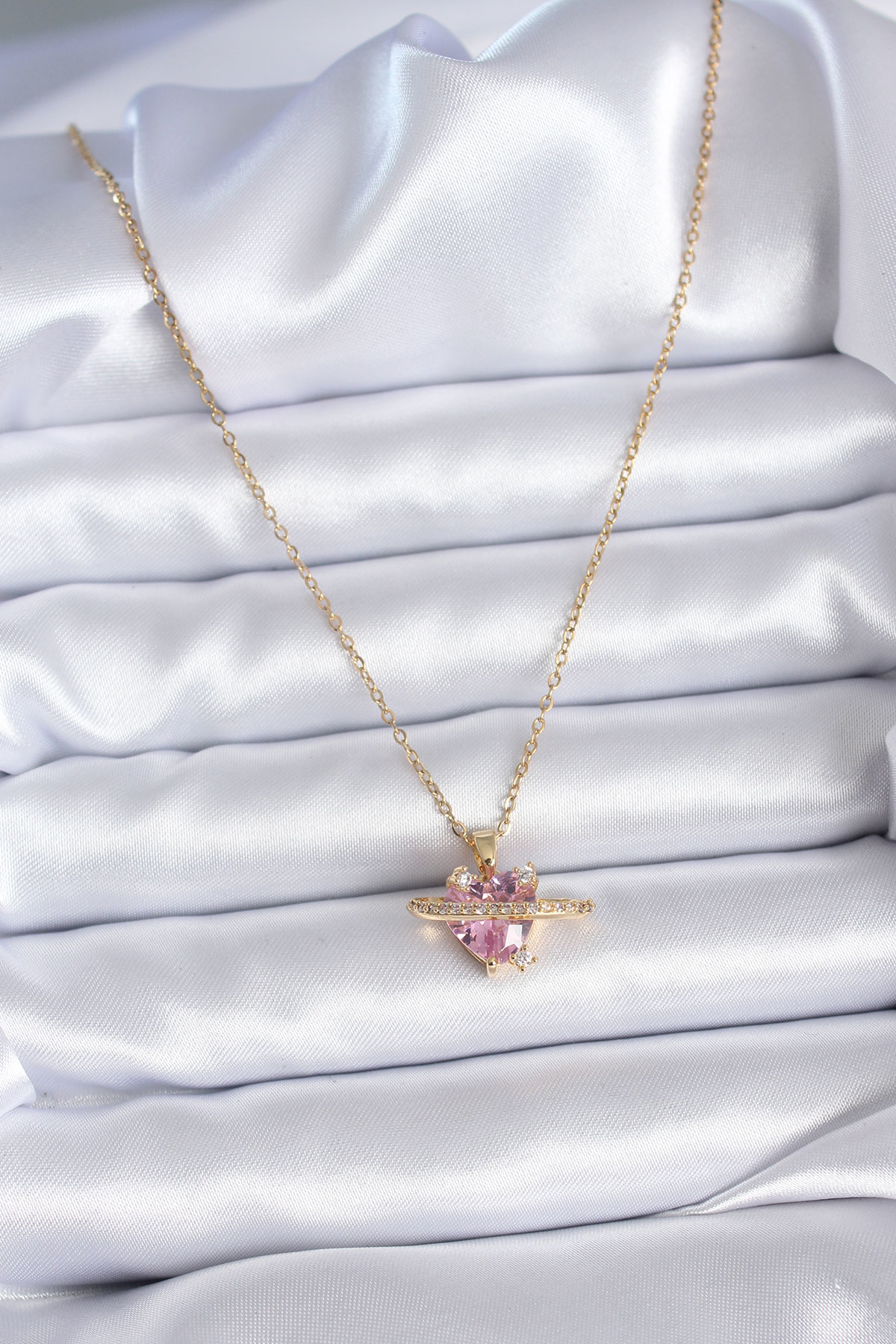 Stillove 316L Çelik Gold Renk Zincir Pembe Kristal Kalp Model Zirkon Taş D