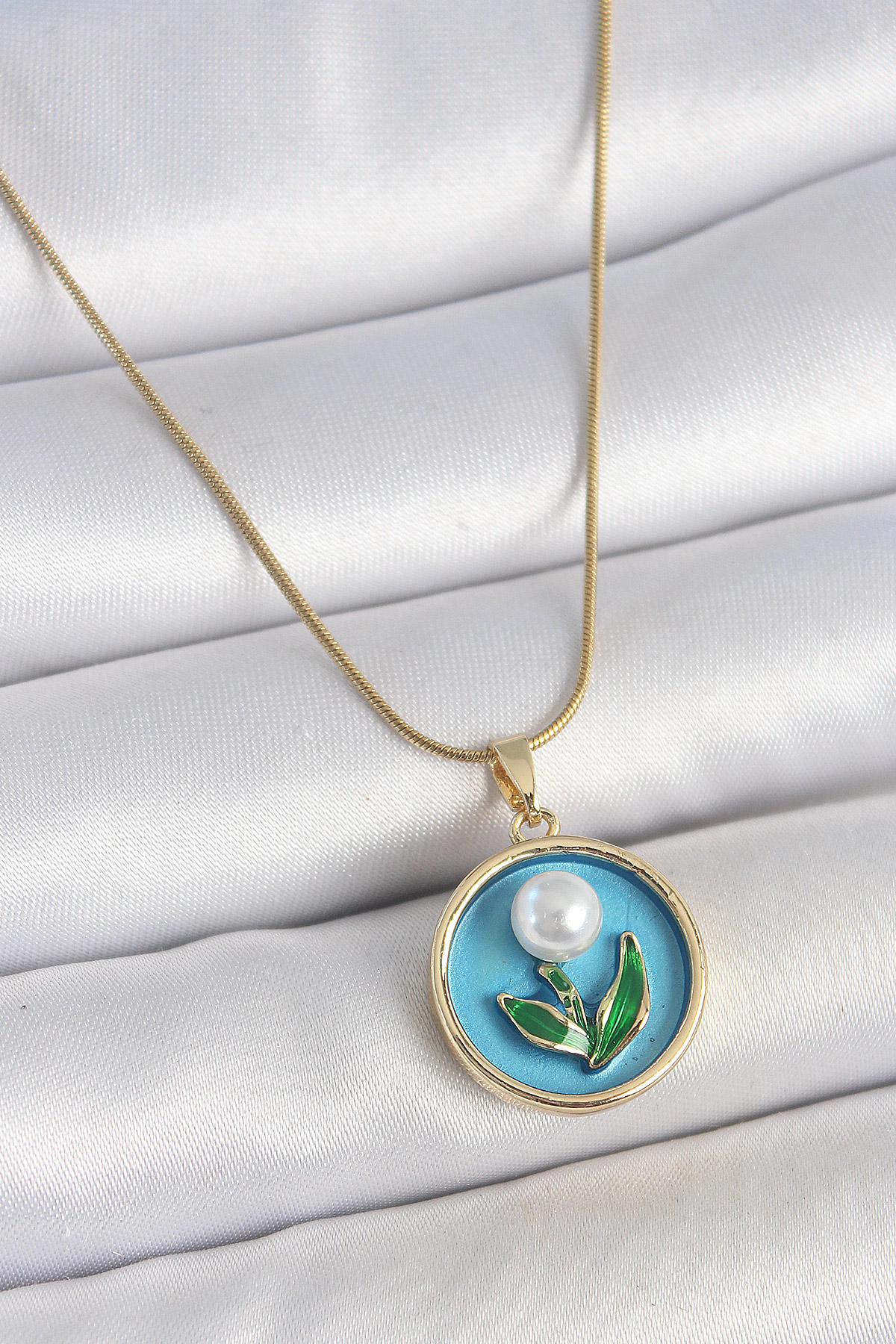 316L Çelik Gold Renk Zincir Mavi Mineli İncili Çiçek İşlemeli Por