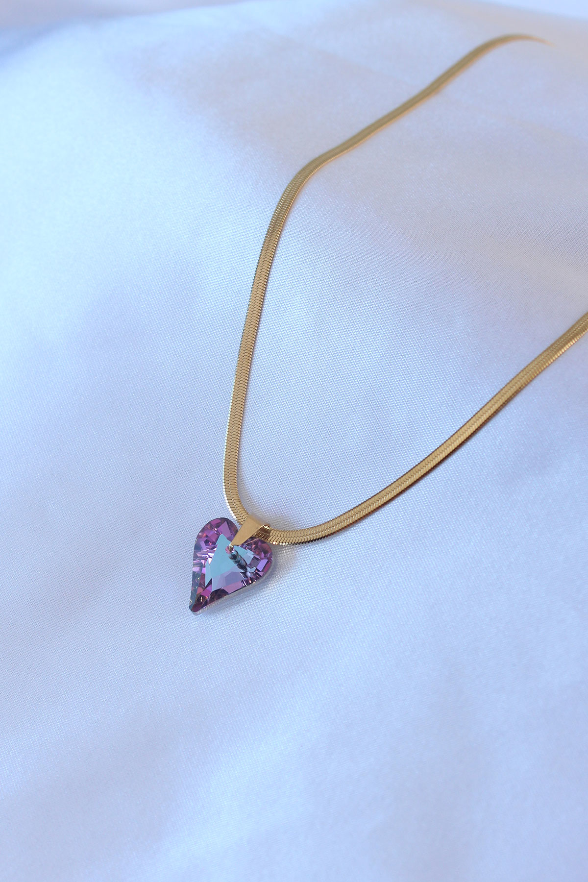 316L Çelik Gold Renk İtalyan Zincir Model Mor Kristal Kalp Figür 