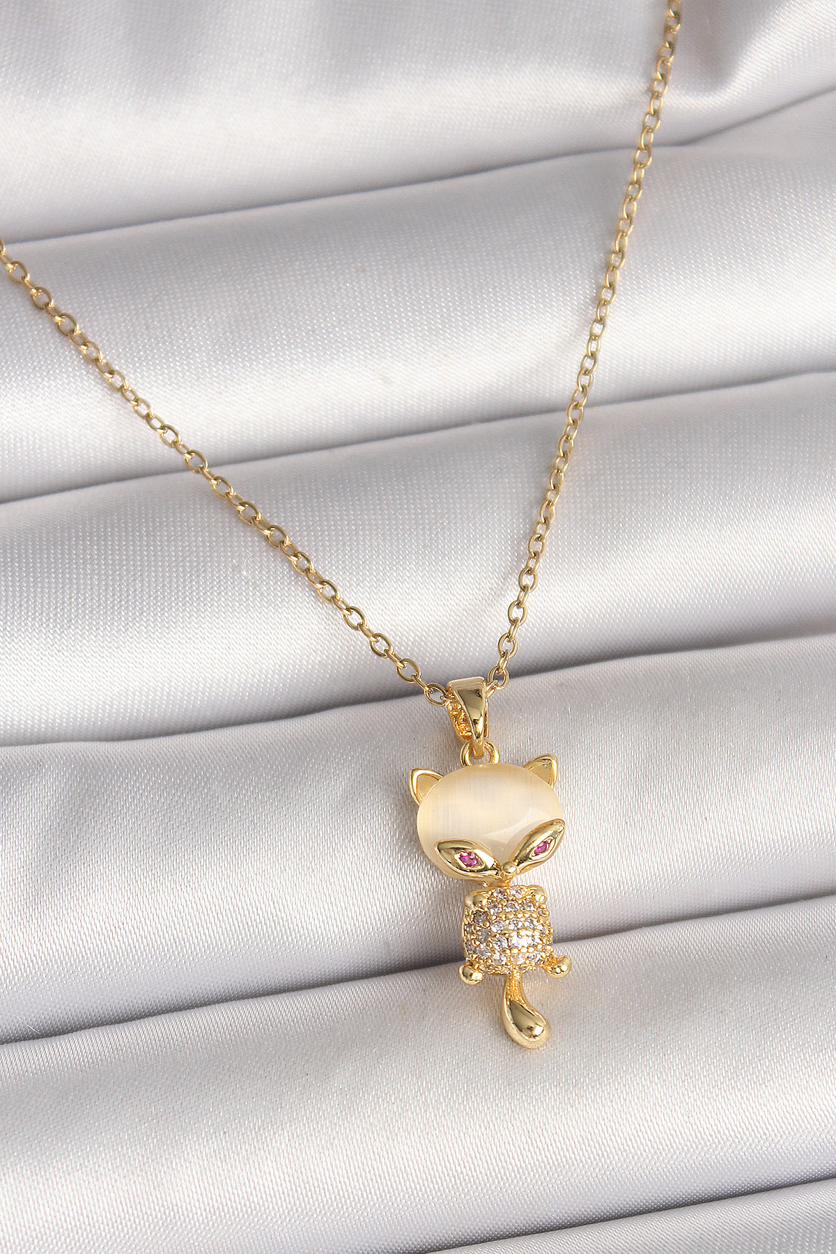 316L Çelik Gold Renk Zincir Zirkon Taşlı Kedi Model Kadın Kolye -