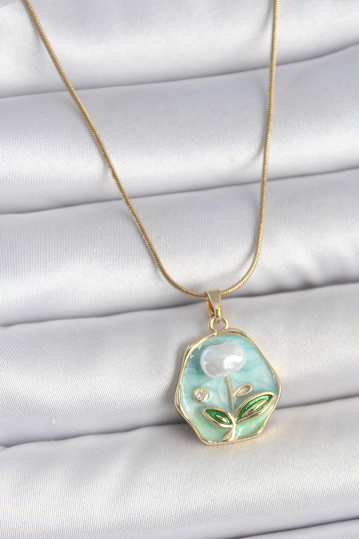 316L Çelik Gold Renk Zincir Mavi Çiçek İşlemeli İnci İşlemeli Por