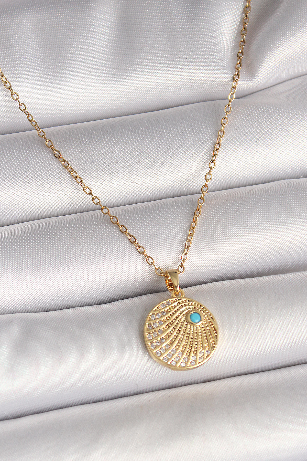 316L Çelik Gold Renk Zincir Zirkon Taş İşlemeli Mavi Taş Detaylı