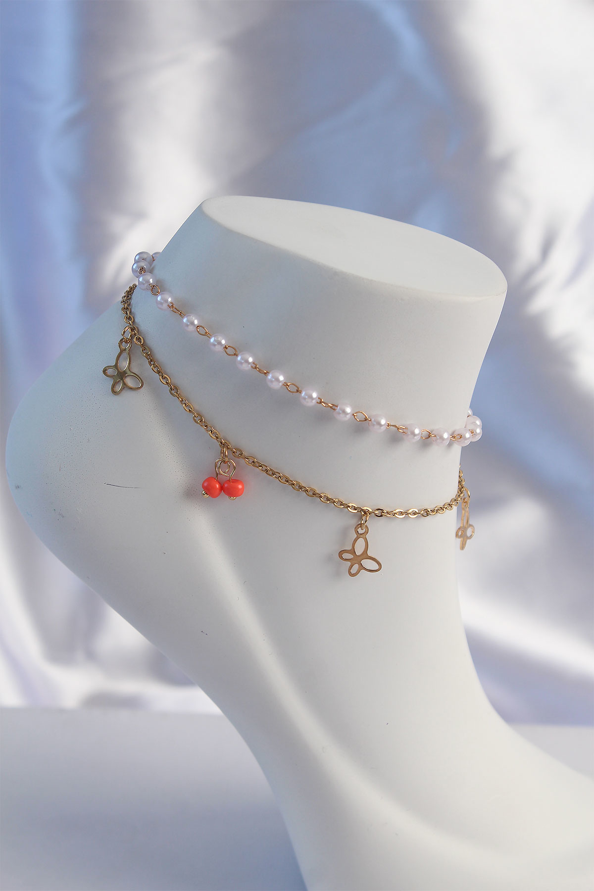 316L Çelik Gold Renk Minimal Kelebek Model İncili 2li Tasarım Hal