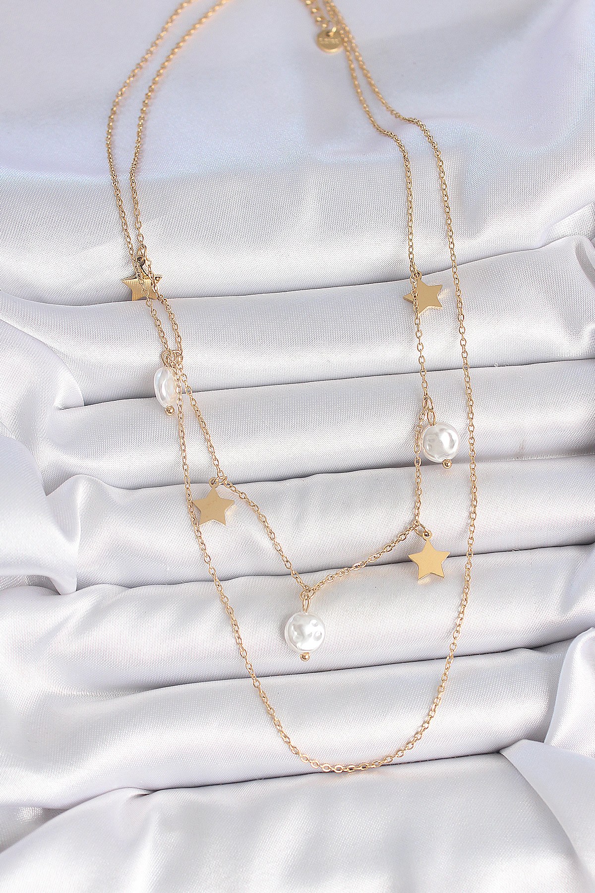 316L Çelik Gold Renk 2'Li Zincir Sallantı Yıldız İnci Model Kadın