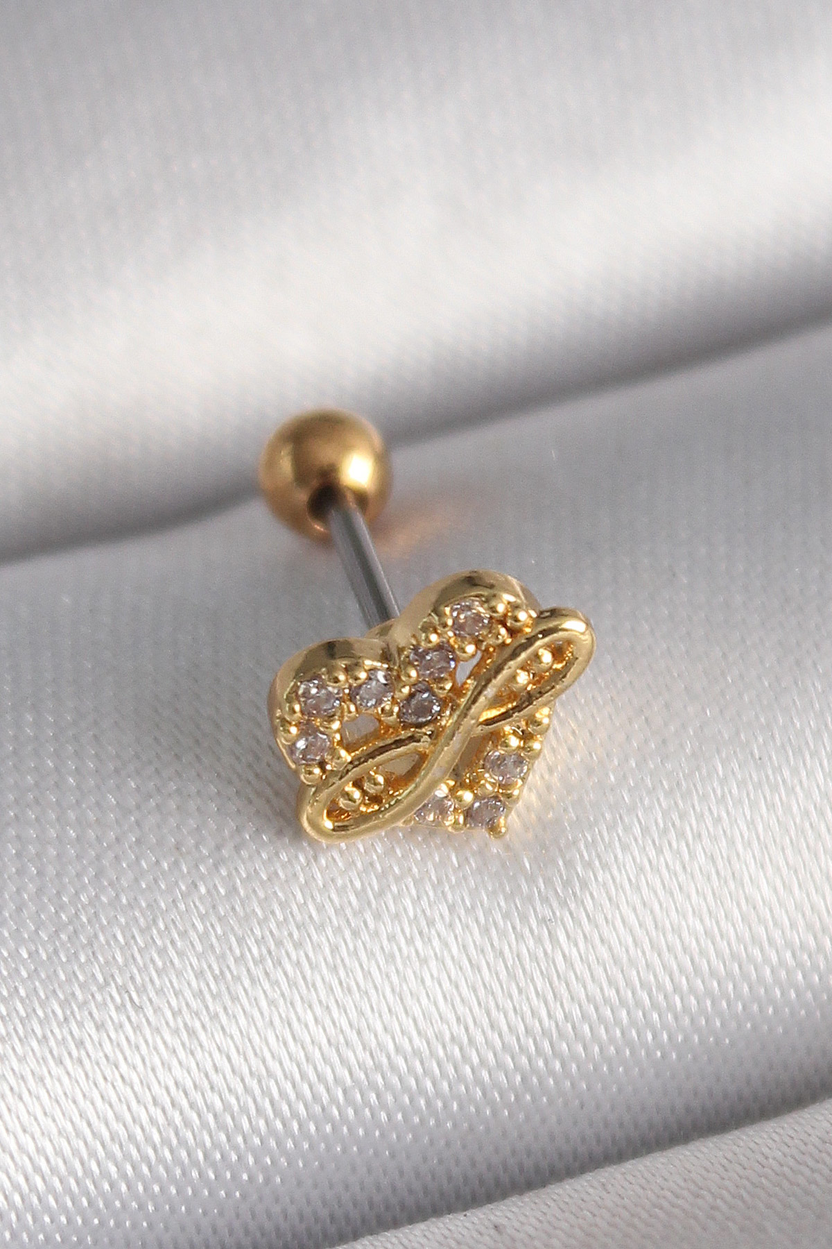 316L Çelik Gold Renk Zirkon Taşlı Kalp Sonsuzluk Detay Tragus Pie