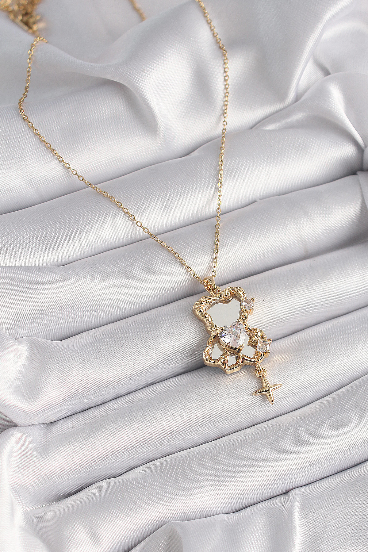 316L Çelik Gold Renk Zincir Ayna Ayıcık Model Zirkon Taşlı Kalp M