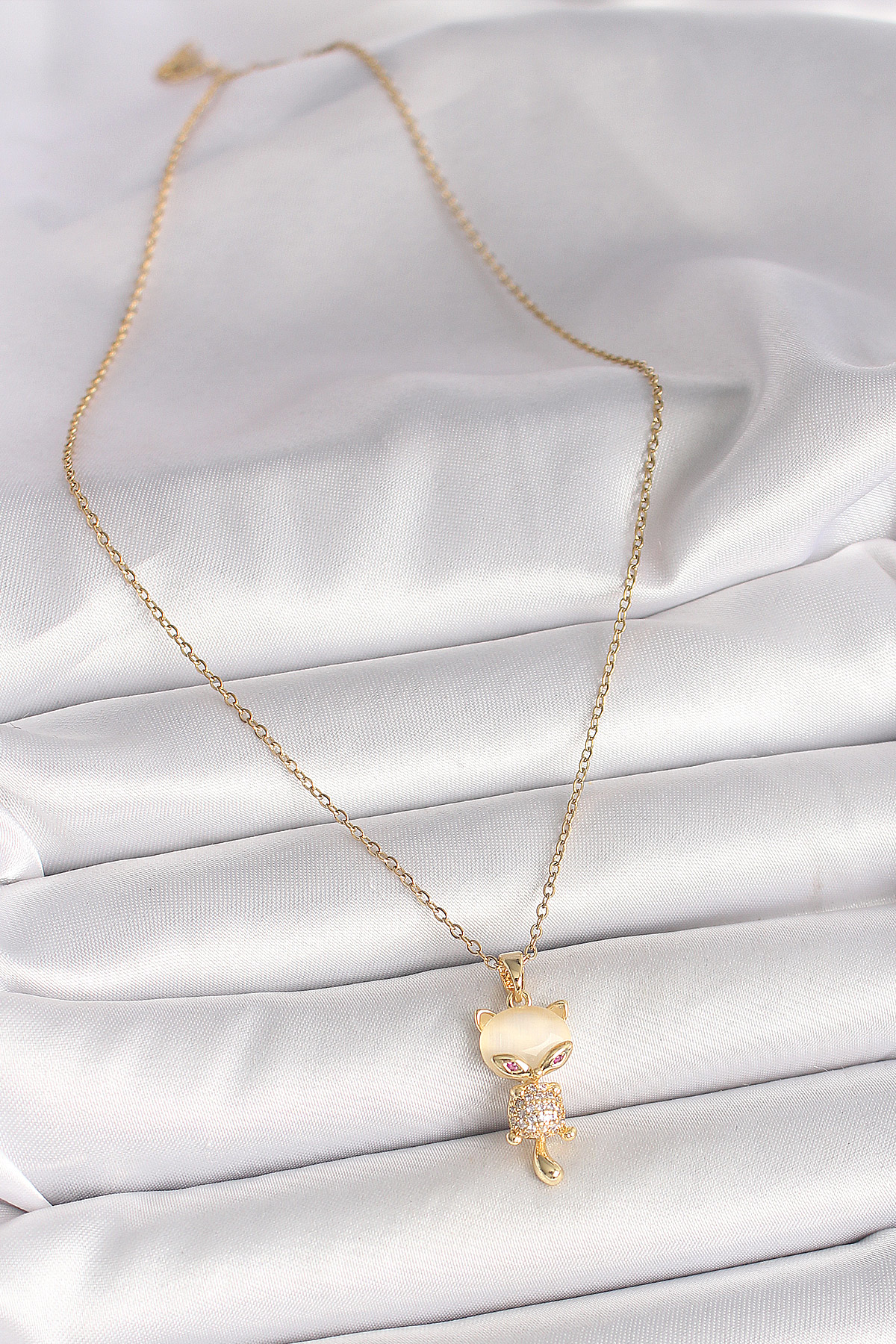 316L Çelik Gold Renk Zincir Zirkon Taşlı Kedi Model Kadın Kolye -