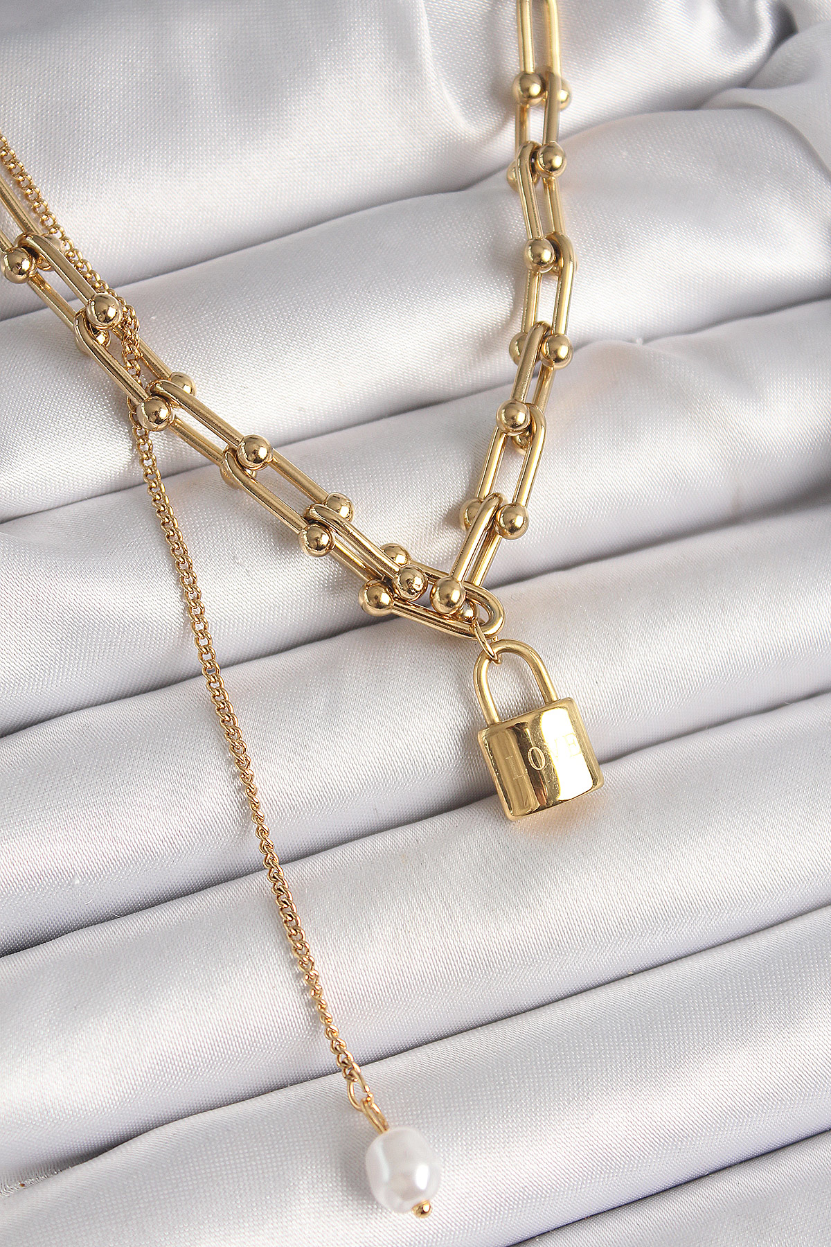 Stillove 316L Çelik Gold Renk Zincir Model Kilit Figür Sallantı İnci Detay