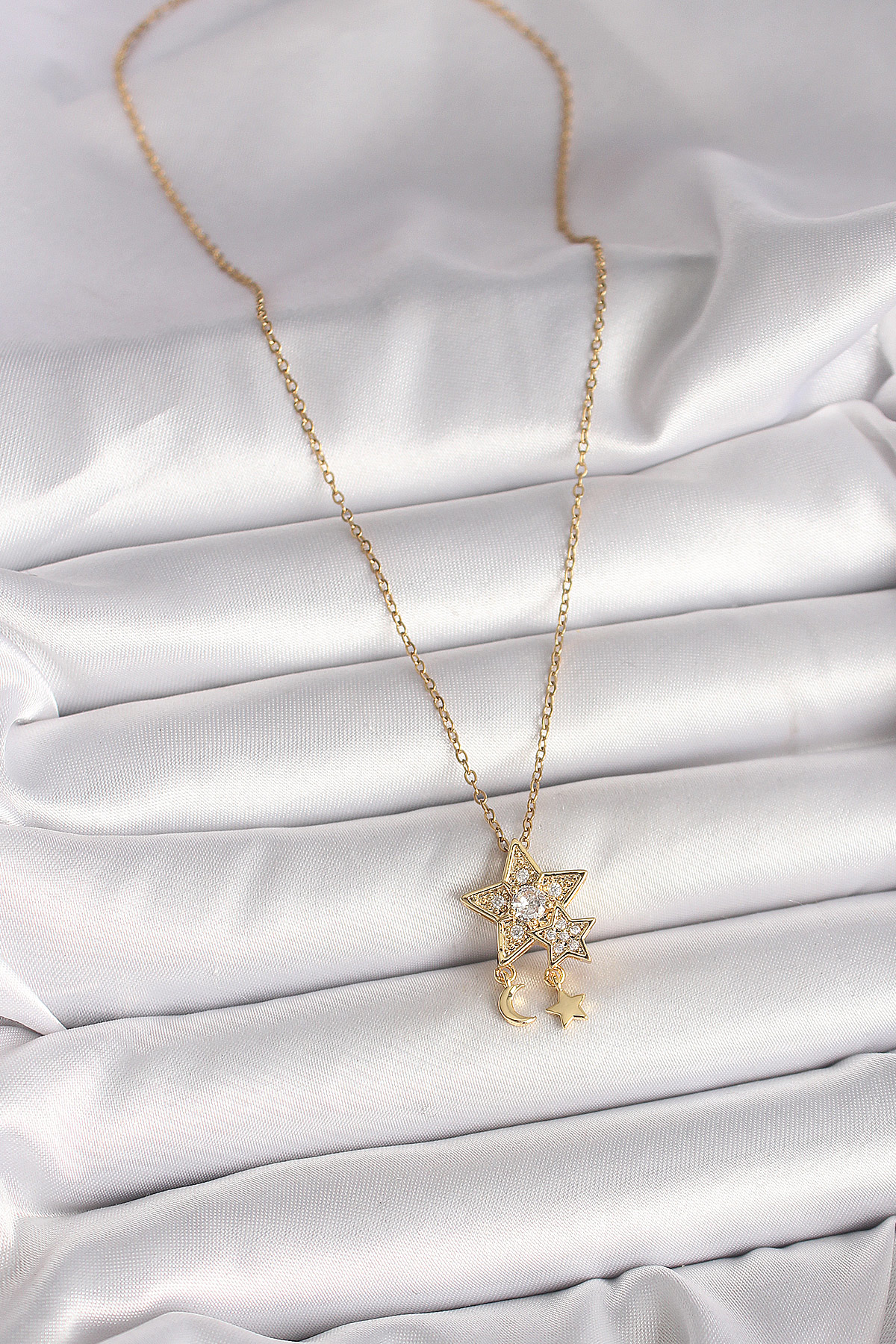 316L Çelik Gold Renk Zincir Zirkon Taşlı Yıldız Model Sallanı Ay 