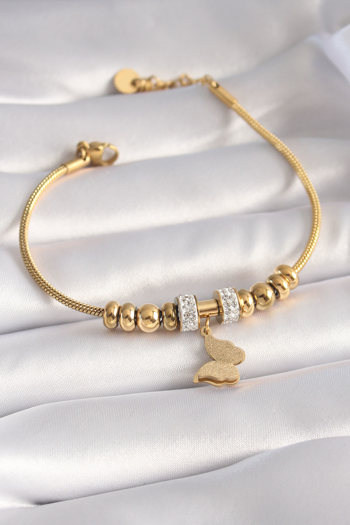 Stillove 316L Çelik Gold Renk Zirkon Taşlı Simli Kelebek Figür Kadın Bilek