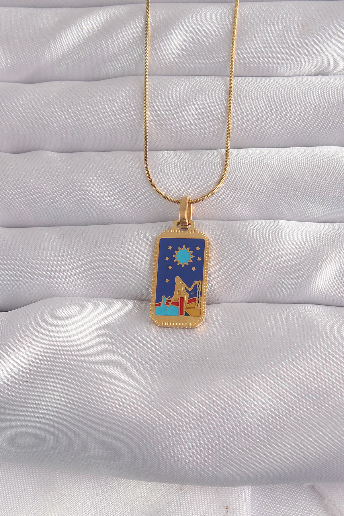 316L Çelik Gold Renk Mavi Mineli Kız Figür Tarot Kolye - TJ-BKO90