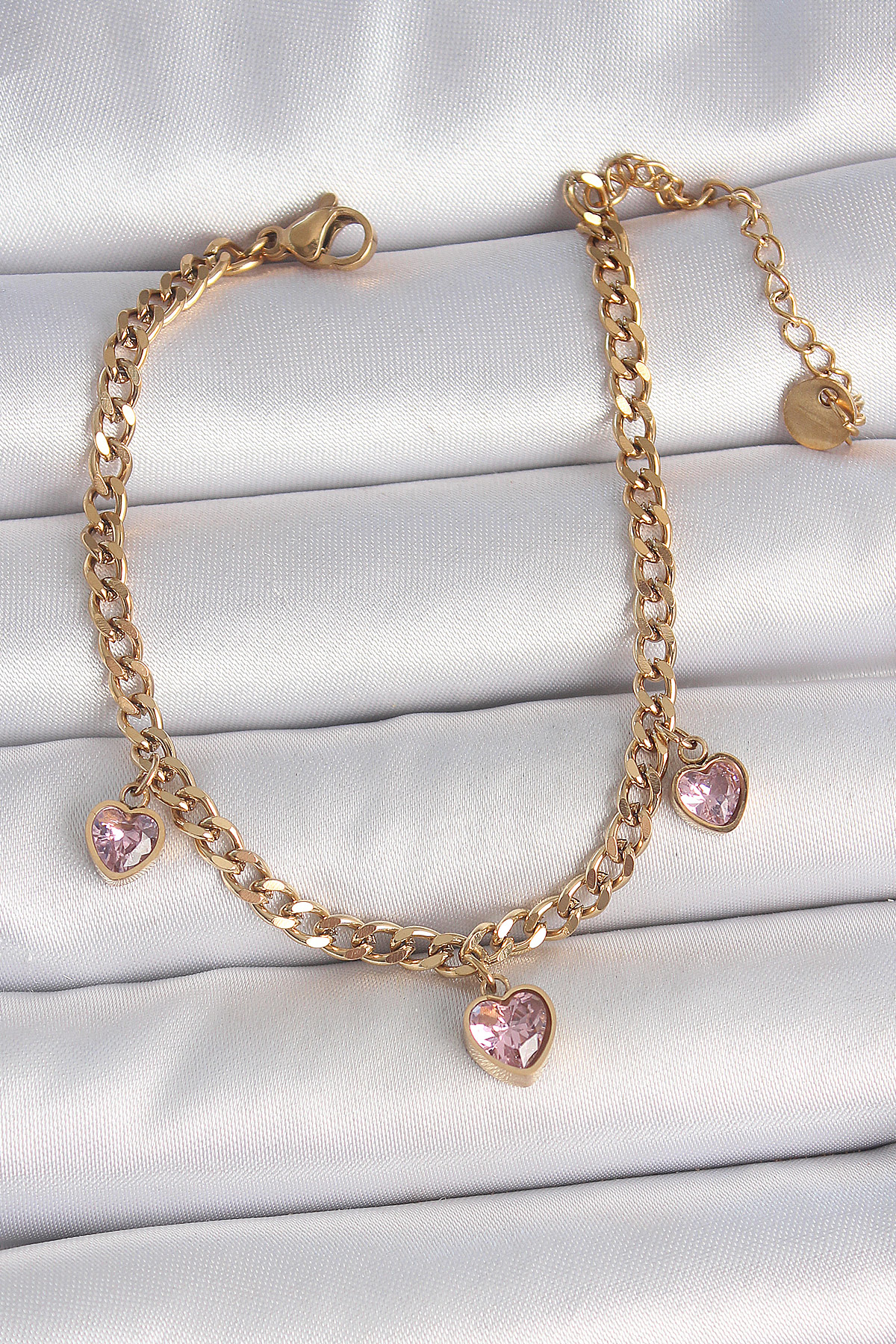 316L Çelik Gold Renk Zincir Sallantı Pembe Zirkon Taşlı Kalp Mode