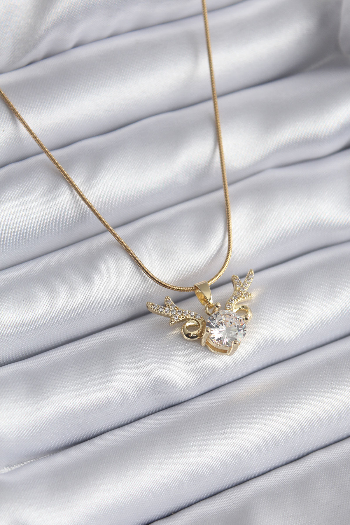 316L Çelik Gold Renk Zirkon Taşlı Boynuz Model Kadın Kolye - TJ-B