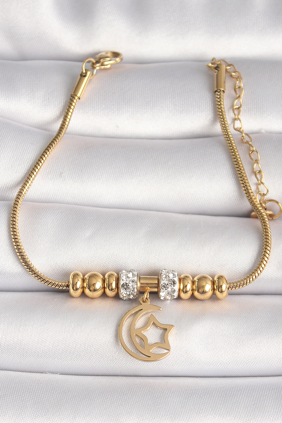 Stillove 316L Çelik Gold Renk Tüp Zincir Zirkon Taş Detaylı Sallantı Ay Yı