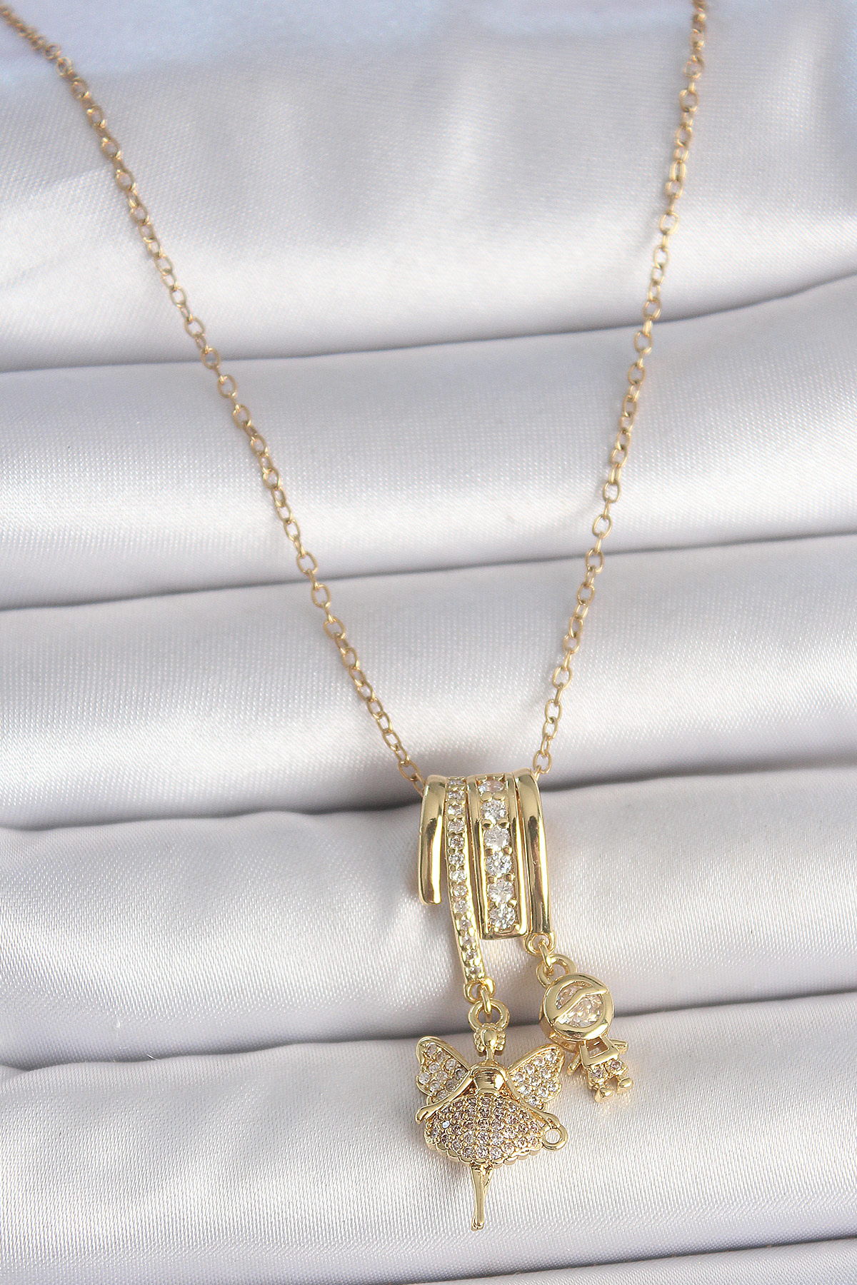 Stillove 316L Çelik Gold Renk Zirkon Taşlı Sallantı Melek Figür Charm Kadı