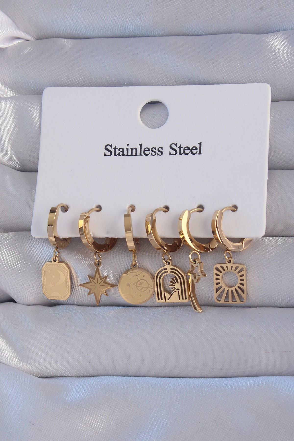 Stillove 316L Çelik Gold Renk Yıldız Figürlü Tarot Model Halka Küpe Seti S