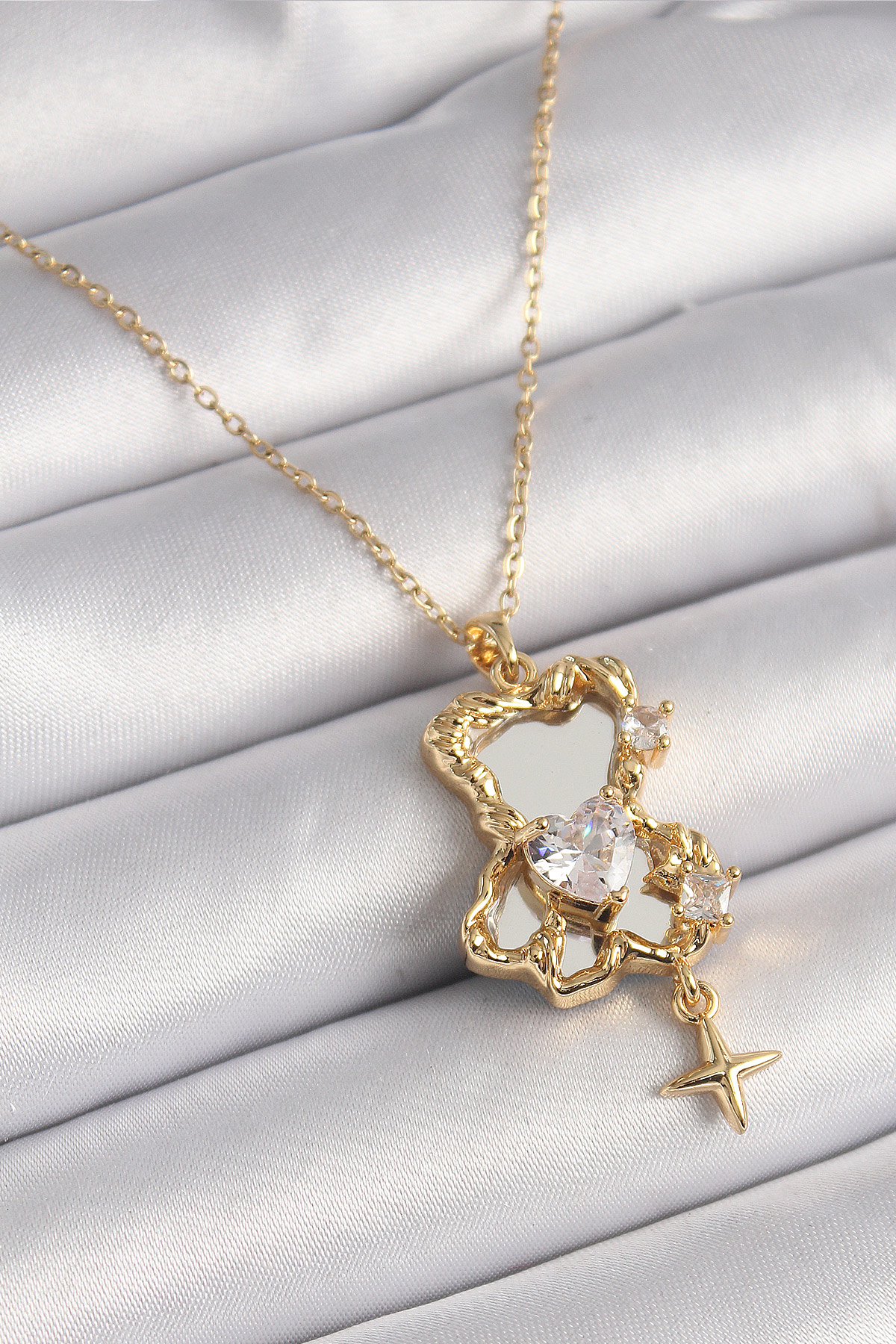 316L Çelik Gold Renk Zincir Ayna Ayıcık Model Zirkon Taşlı Kalp M