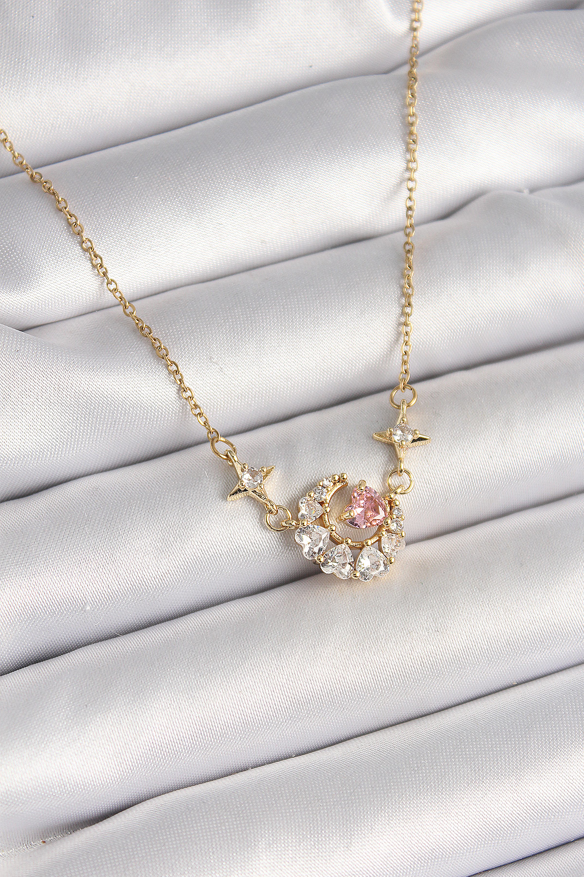 316L Çelik Gold Renk Zirkon Taşlı Hilal Pembe Kalp Model Kadın Ko