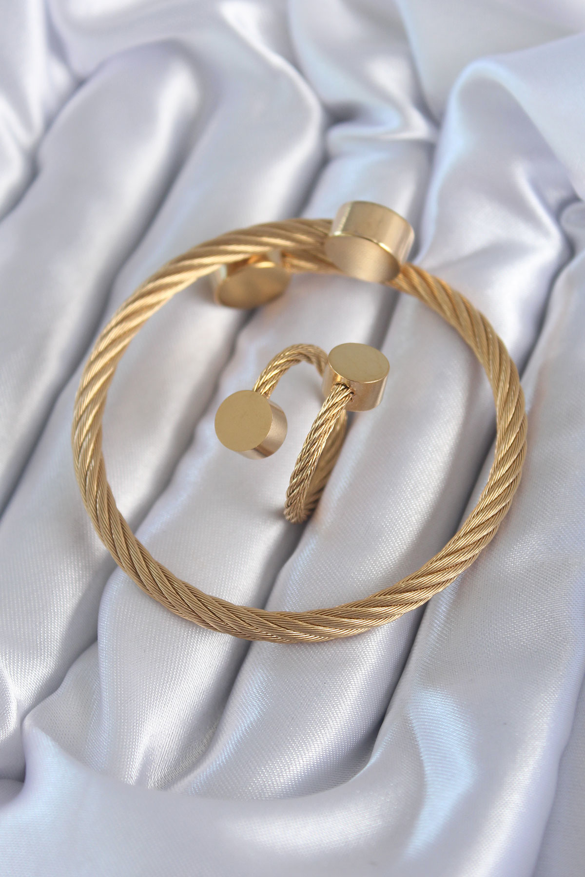 316L Çelik Gold Renk Sarmal Model Erkek Bileklik Yüzük Kombini -