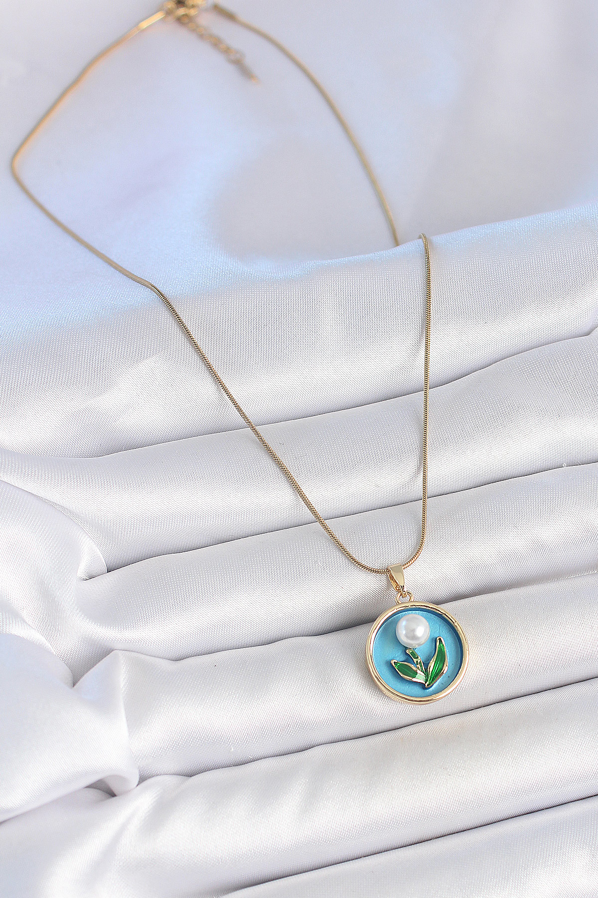 316L Çelik Gold Renk Zincir Mavi Mineli İncili Çiçek İşlemeli Por