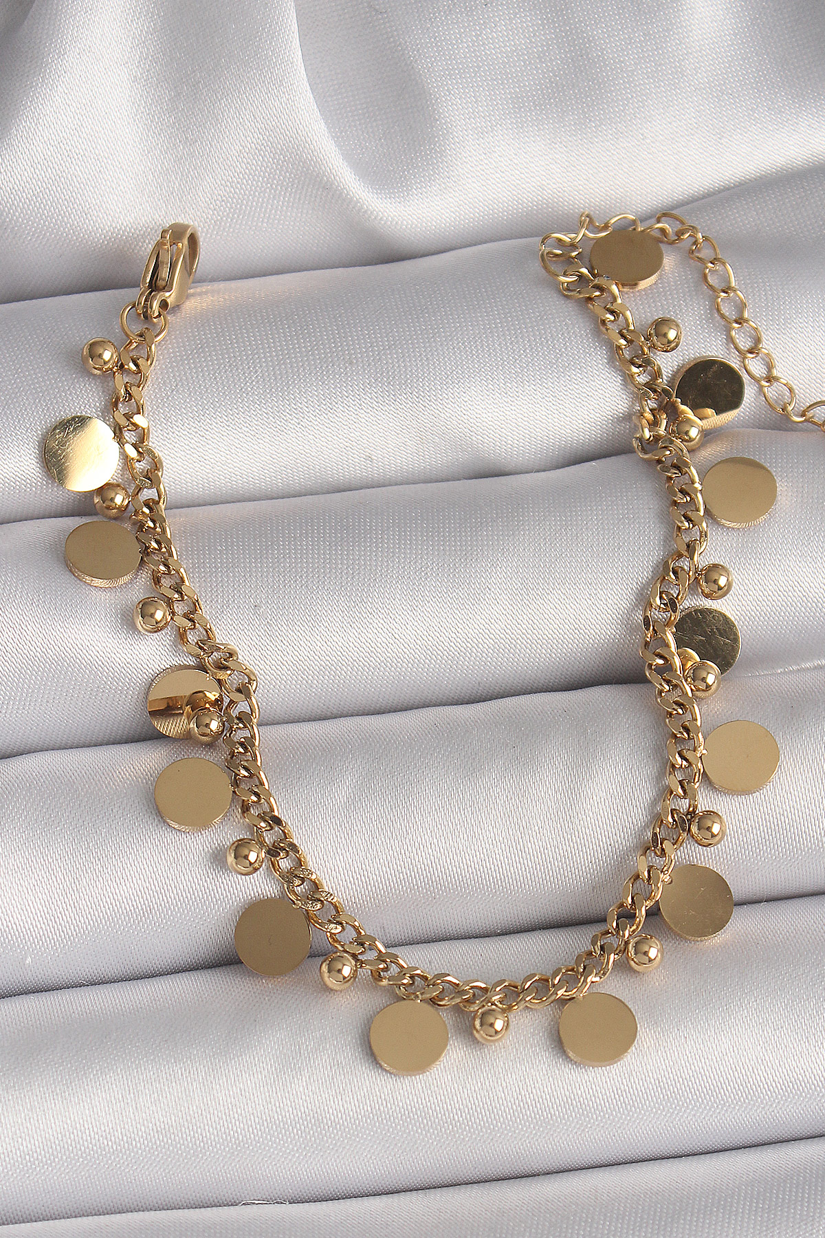 316L Çelik Gold Renk Zincir Çoklu Pul Model Topçuk Detay Kadın Bi
