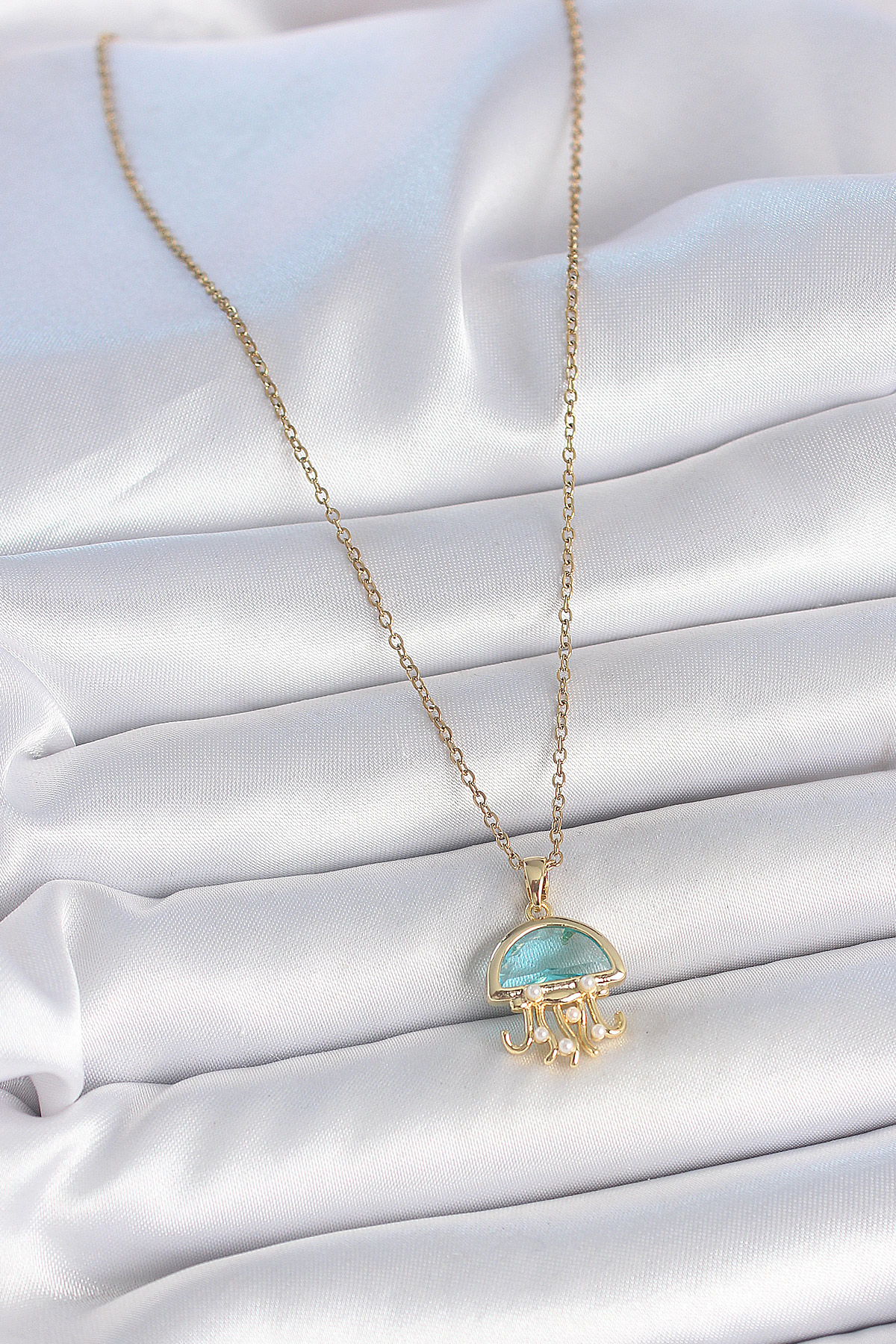 316L Çelik Gold Renk Mavi Taşlı Deniz Anası Model İnci Detay Kadı