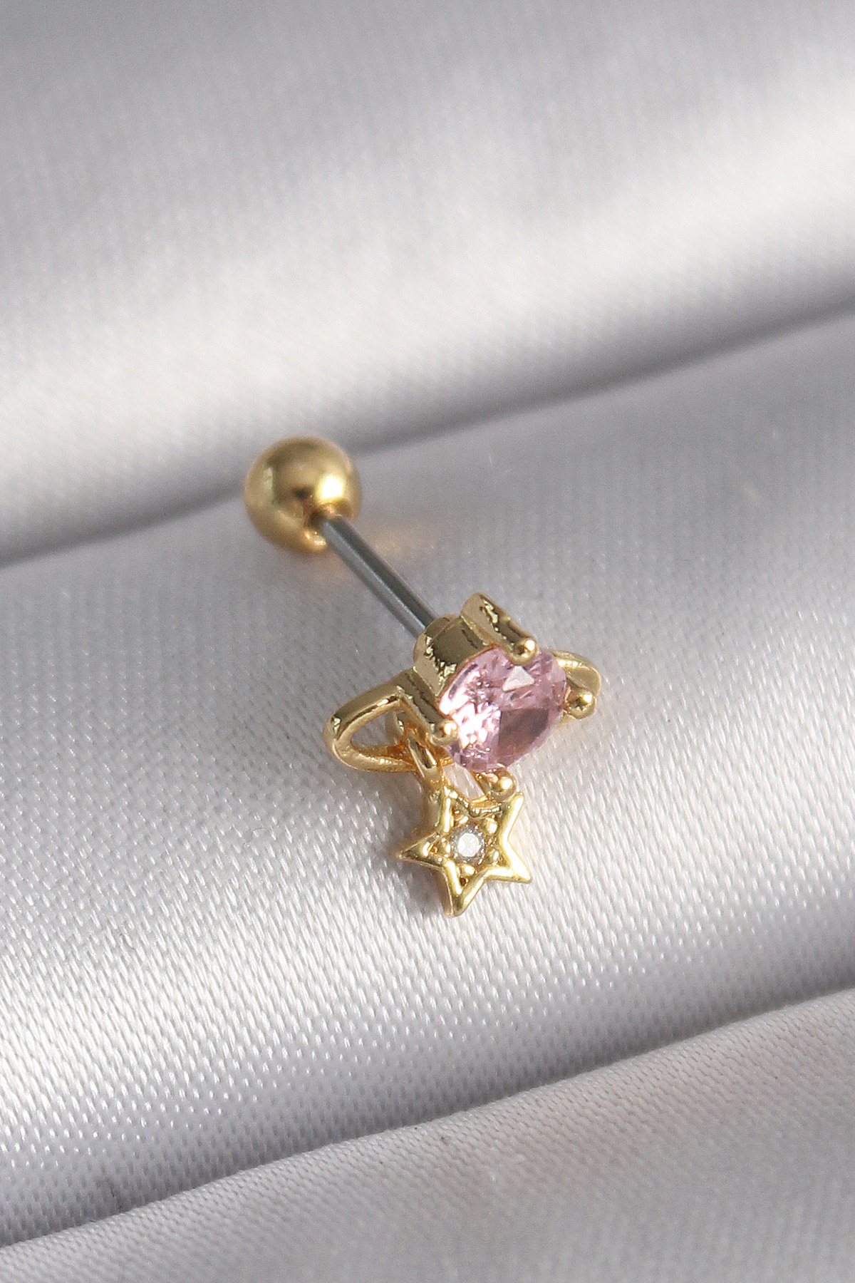 316L Çelik Gold Renk Pembe Zirkon Taşlı Sallantı Yıldız Detay Tra