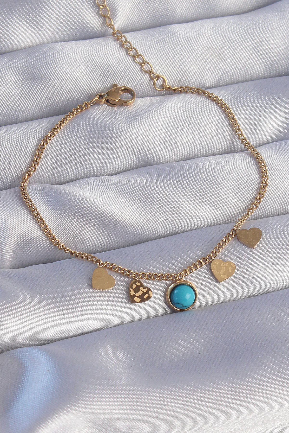 Stillove 316L Çelik Gold Renk Minimal Kalpli Mavi Taş Detaylı Bileklik