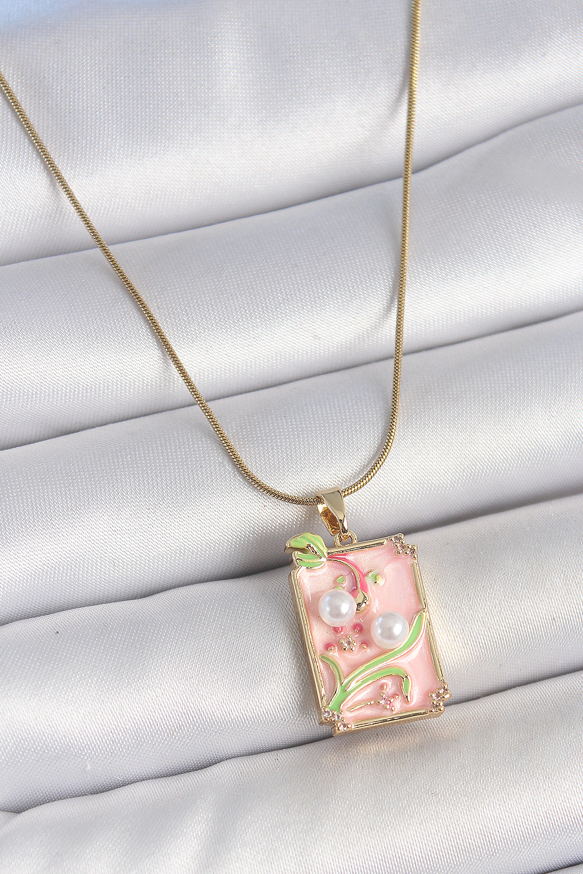 316L Çelik Gold Renk Zincir Pembe Mineli İncli Çiçek İşlemeli Por