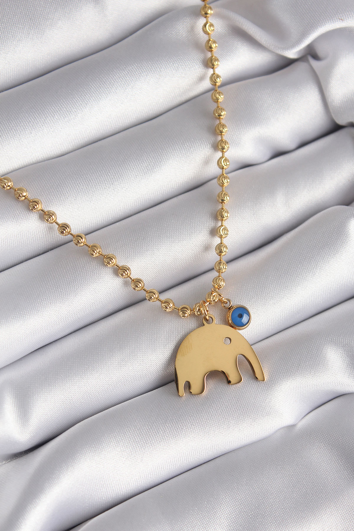 316L Çelik Gold Renk Top Zincir Model Fil Figür Nazar Boncuk Deta