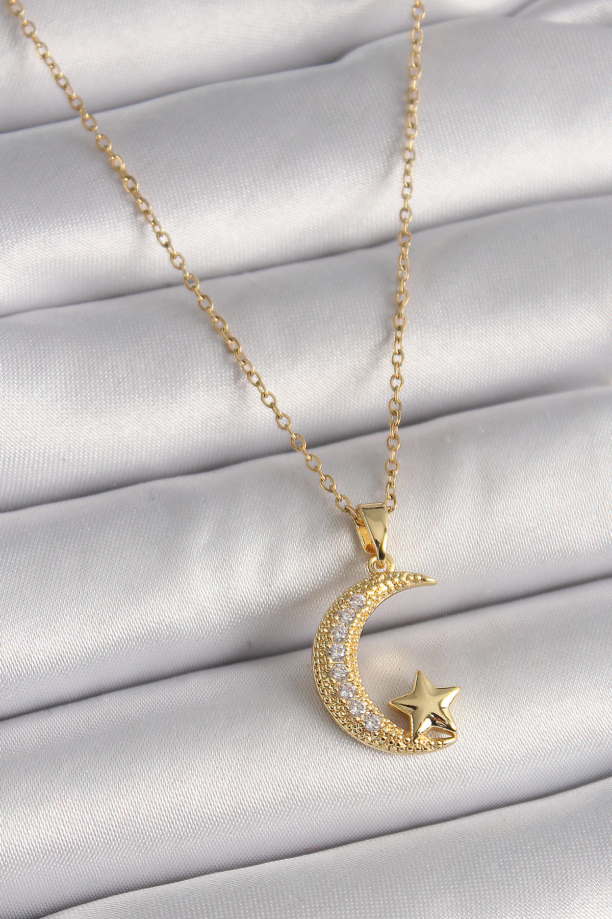316L Çelik Gold Renk Zincir Zirkon Taşlı Hilal Model Yıldız Detay