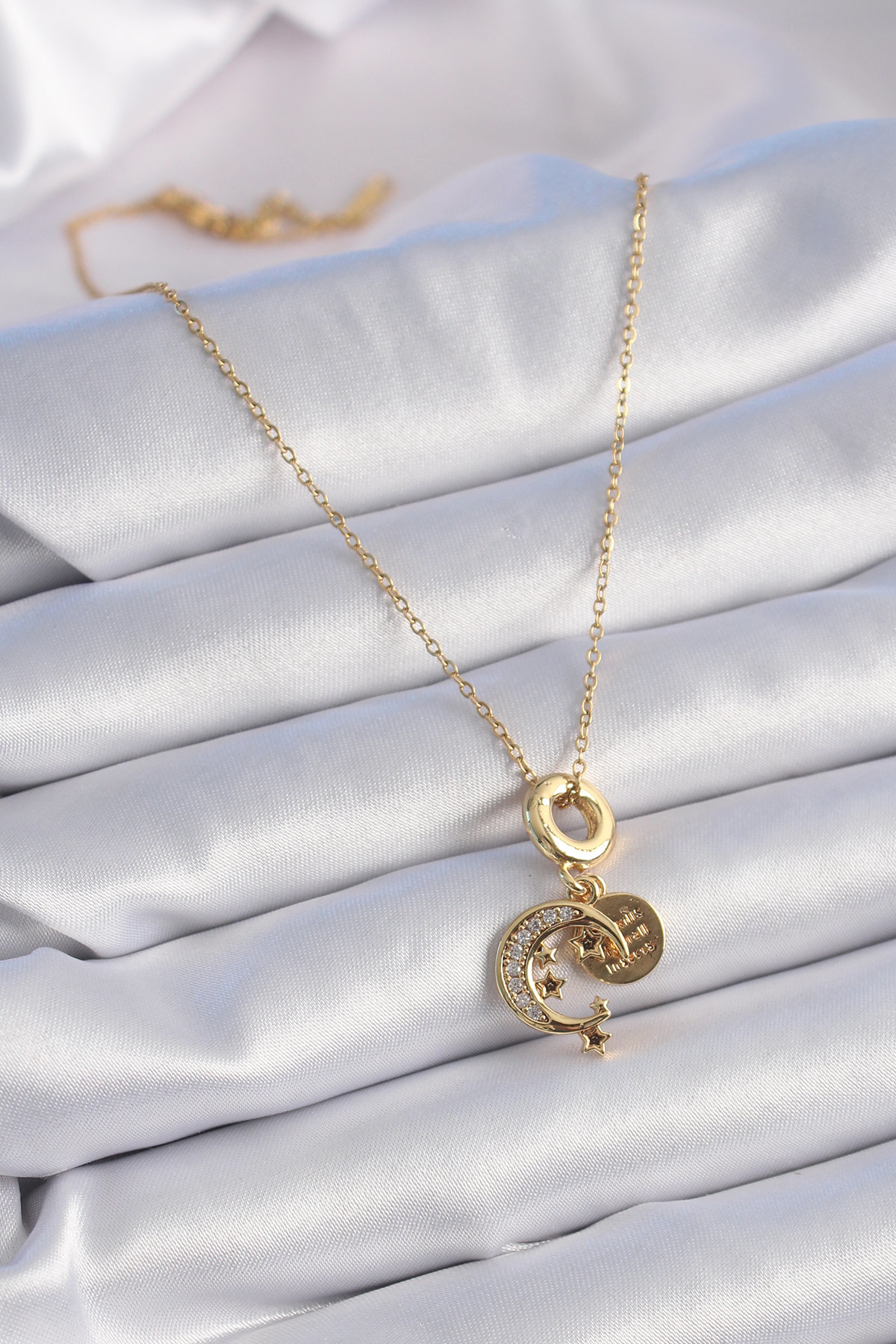 316L Çelik Gold Renk Zirkon Taşlı Ay Yıldız  Model Charm Model Ka
