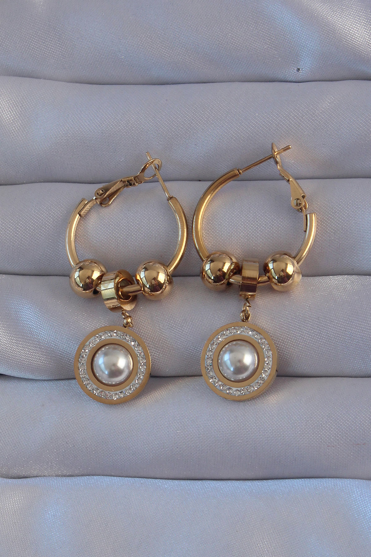 Stillove 316L Çelik Gold Renk Zirkon Ve İnci Taşlı Halka Küpe Sl8199