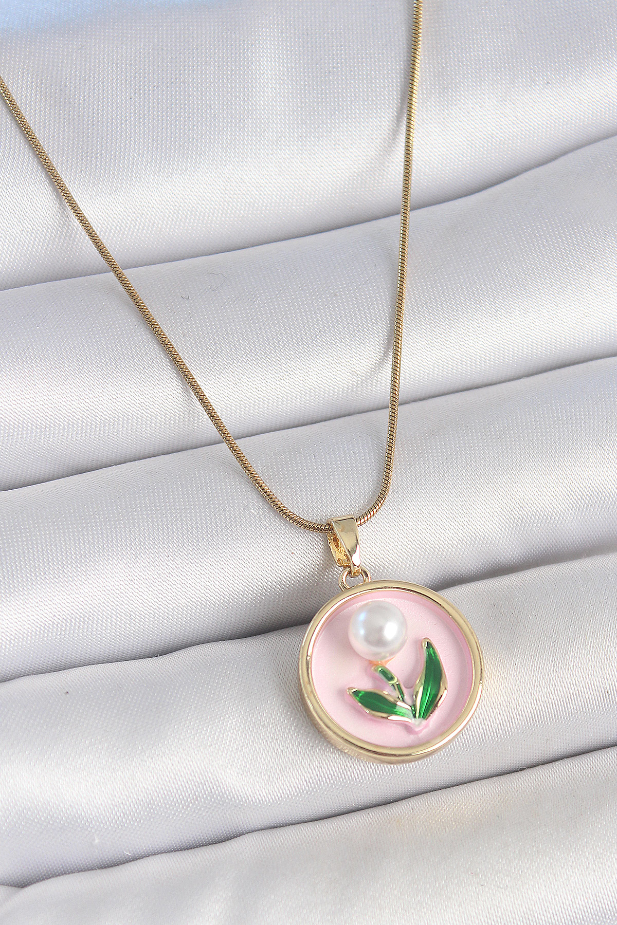 316L Çelik Gold Renk Zincir Pembe Mineli İncili Çiçek İşlemeli Po