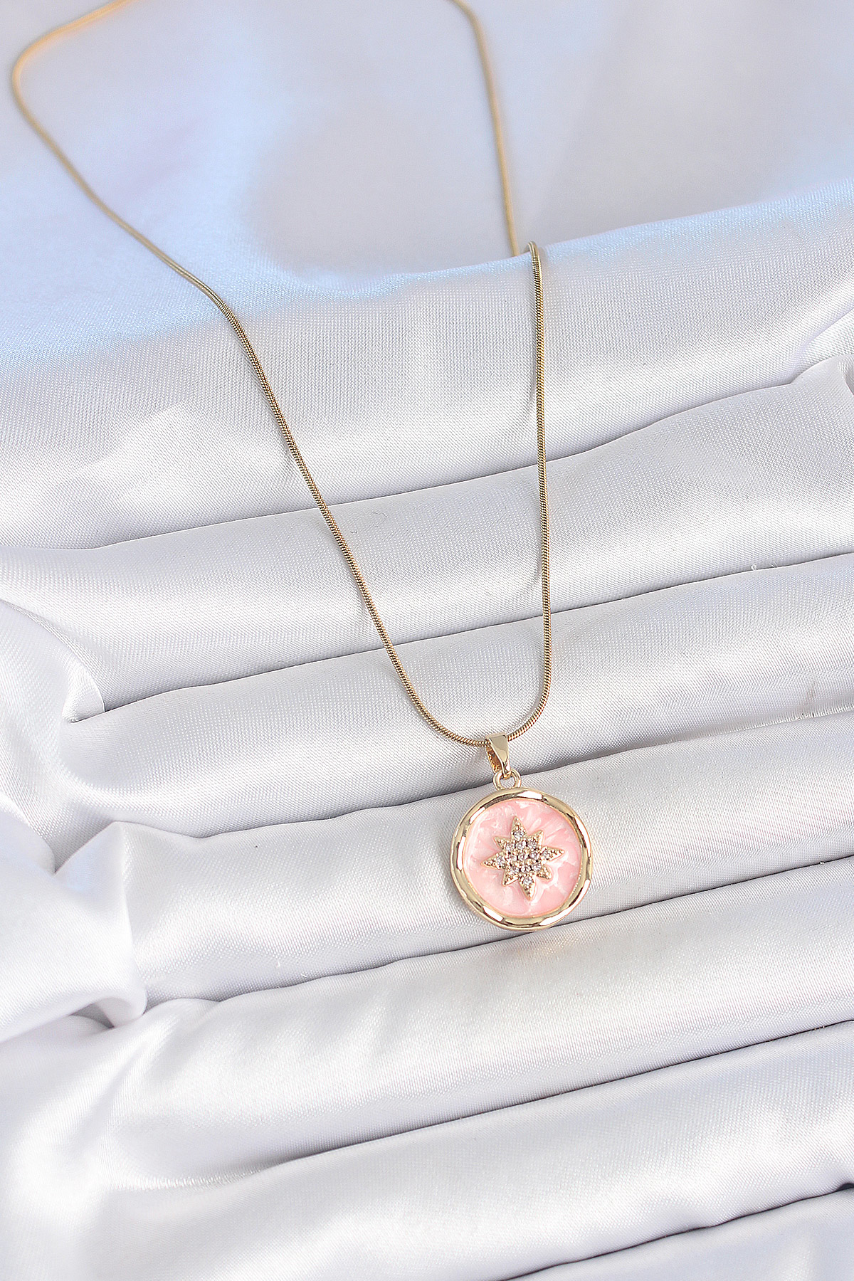 316L Çelik Gold Renk Zincir Pembe Mineli Zirkon Taşlı Kuzey Yıldı