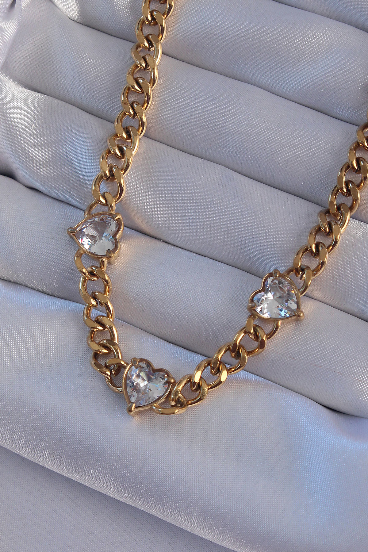 316L Çelik Gold Renk Zirkon Taşlı Kalp Model Zincir Kolye - TJ-BK