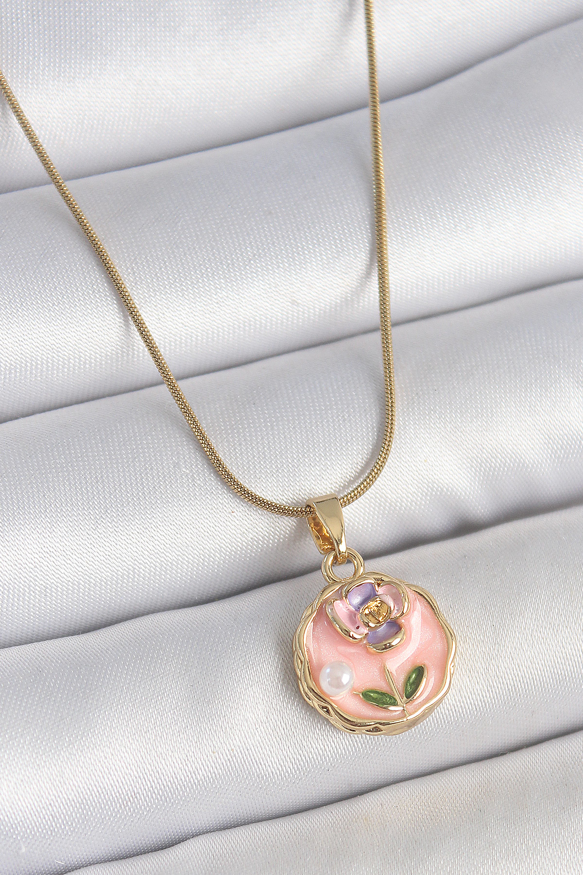 316L Çelik Gold Renk Zincir Pembe Minimal Çiçek İşlemeli İnci Det