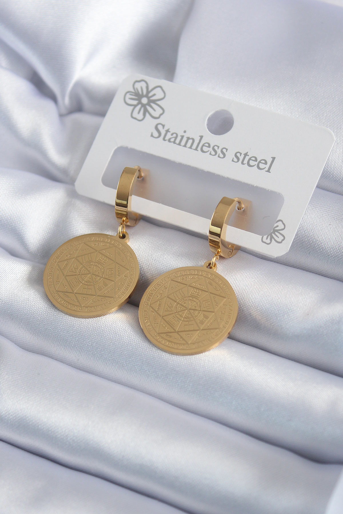 316L Çelik Gold Renk Pentagram Yıldızı İşleme Model Kadın Küpe -