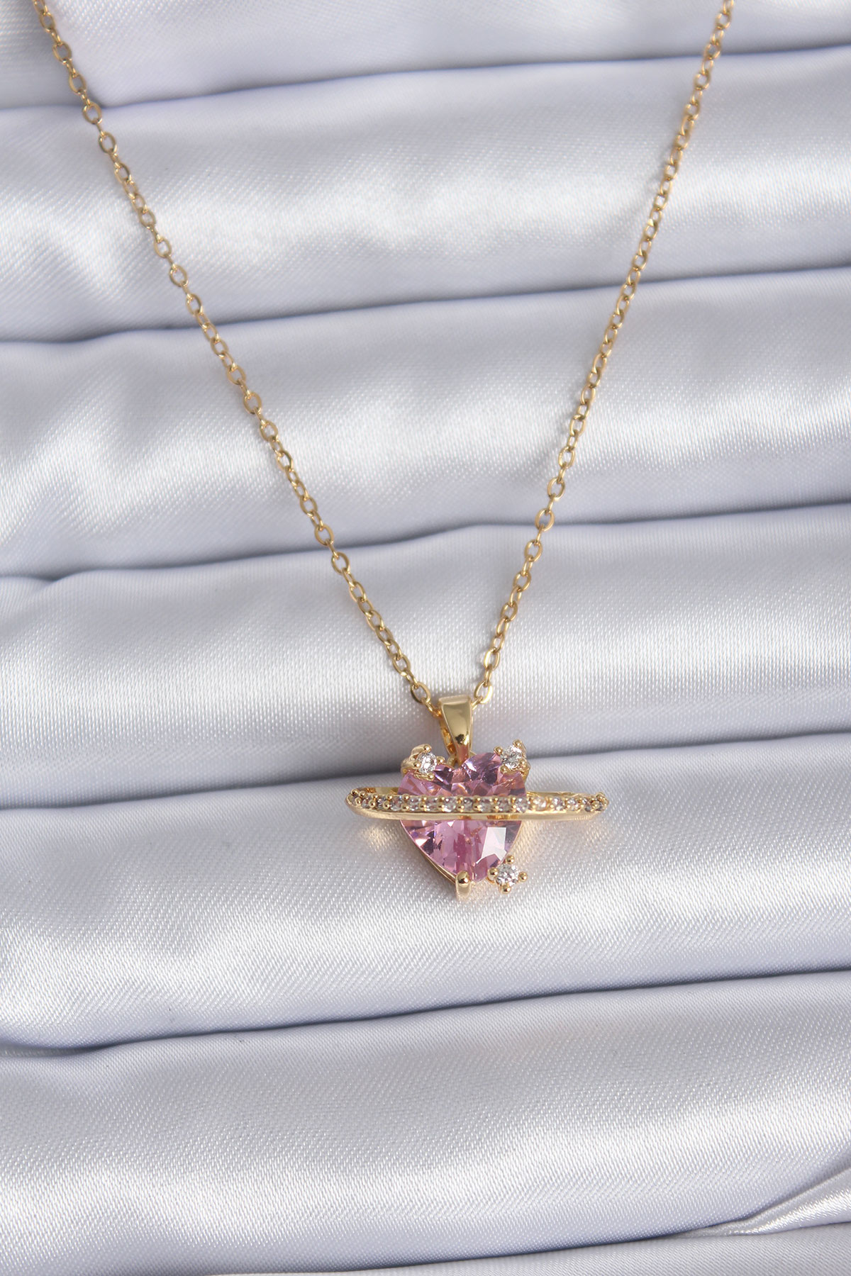 Stillove 316L Çelik Gold Renk Zincir Pembe Kristal Kalp Model Zirkon Taş D
